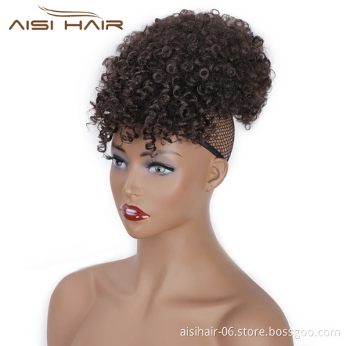 Aisi Hair Hot Selling Afro Puff Short Kinky Curly Drawstring Ponytail Bun With Bangs Synthetic Ponytail Updo Hair Extensions